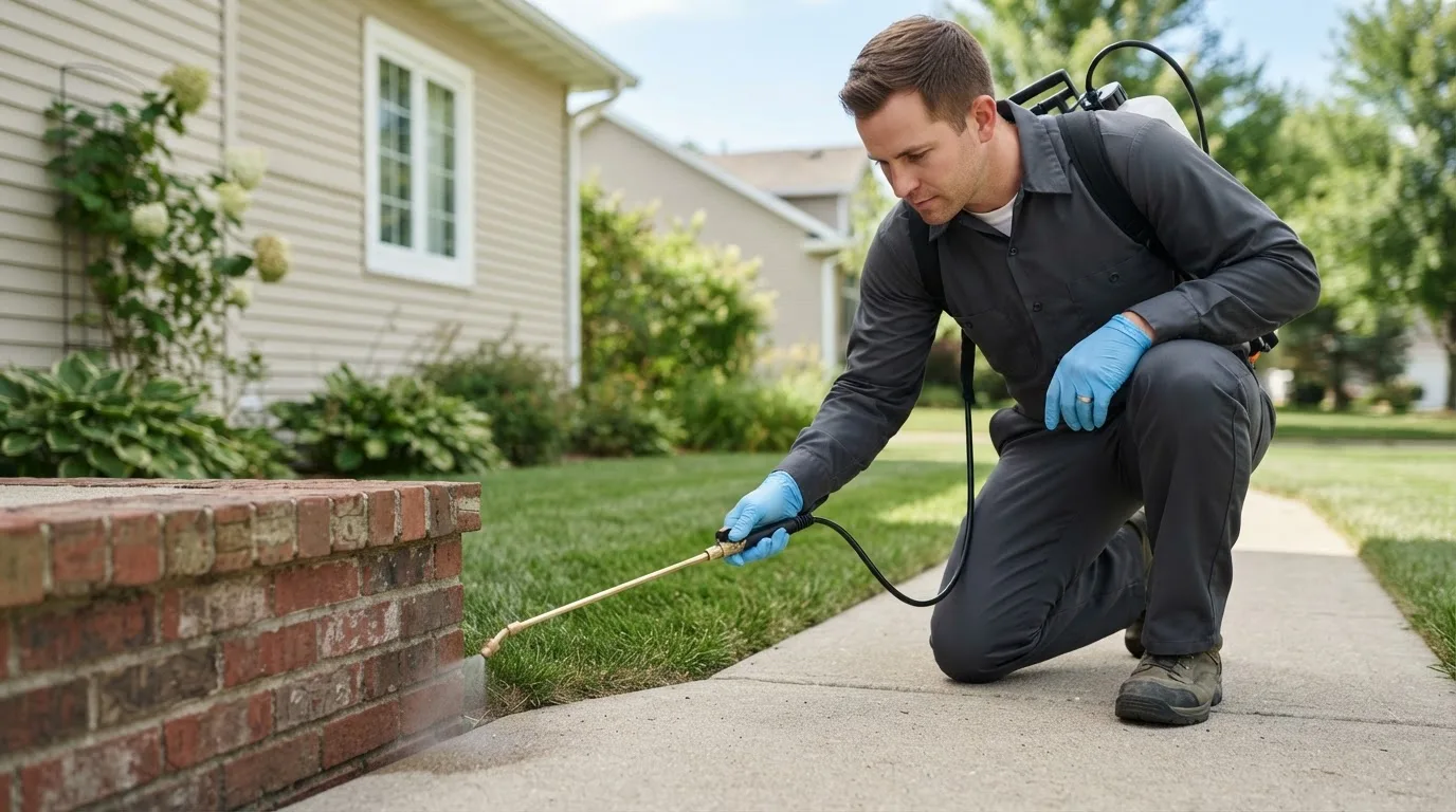Pest control technician treating a home near Tariffville, CT